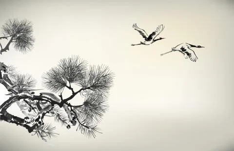 Ink style Pine Tree and birds Stock Illustration