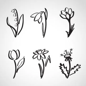 Ink style  sketch set - spring flowers Stock Illustration