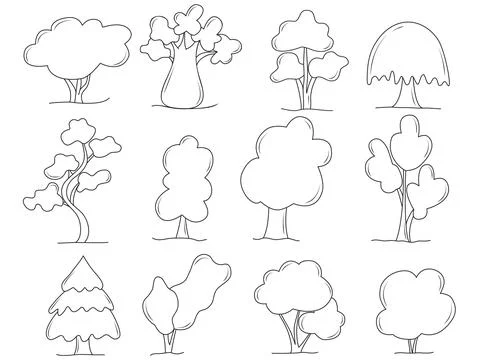 Ink tree set doodle sketch style Illustrazione stock