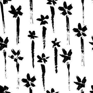 Ink vector brush stroke flowers seamless pattern. Vector illustration. Grunge Stock Illustration
