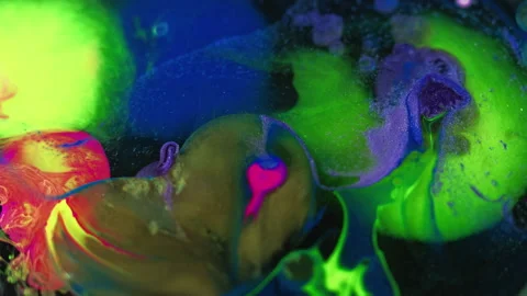 Ink water drop oil bubbles neon glitter paint mix Stock Footage 255990085