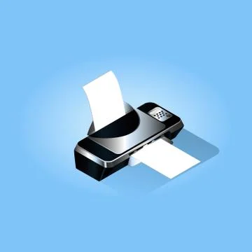 Inkjet printer of black color with a falling shadow on a blue background Stockillustratie