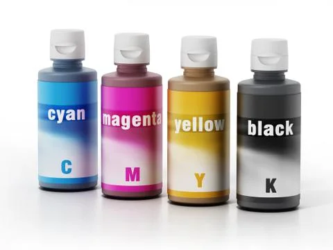Inkjet printer refillable ink CMYK bottles. 3D illustration Stock Illustration