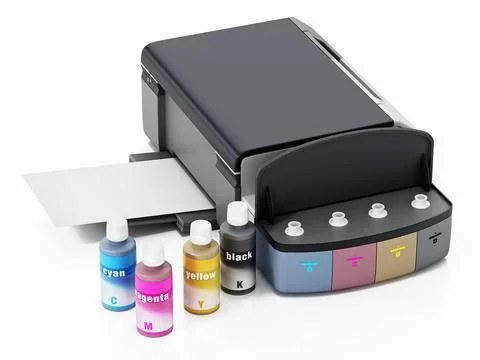 InkJet printer with refillable ink tanks isolated on white background. 3D ... Stock Photos
