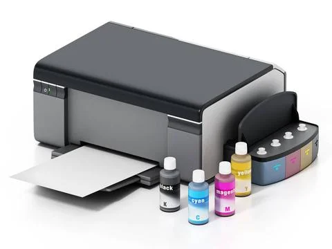 InkJet printer with refillable ink tanks isolated on white background. 3D ... Stock Photos