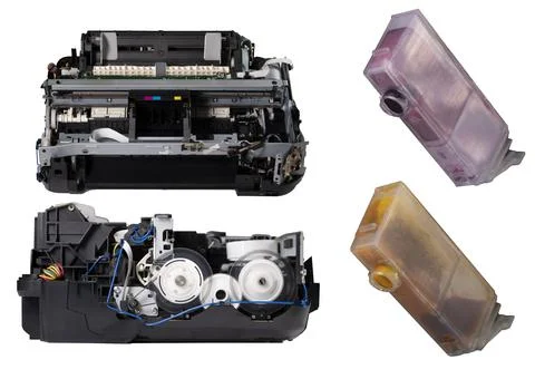 Inkjet printer without plastic housing. Printing device in repair. Stock Photos