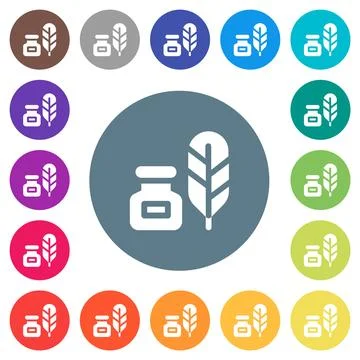 Inkwell and quill solid flat white icons on round color backgrounds 库存插图