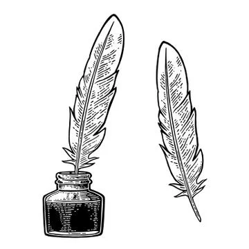 Inkwell, with feather isolated on white background. Engraving Illustrazione stock
