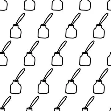 Inkwell seamless pattern. Doodle pattern with inkwell and pen isolated on white Stock Illustration
