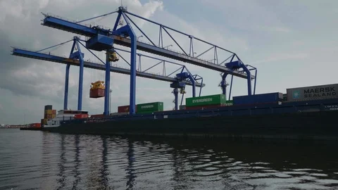  Inland vessel is being loaded at a container terminal. Stock Footage 113398135