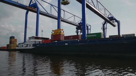  Inland vessel is being loaded at a container terminal. Stock Footage 113398766