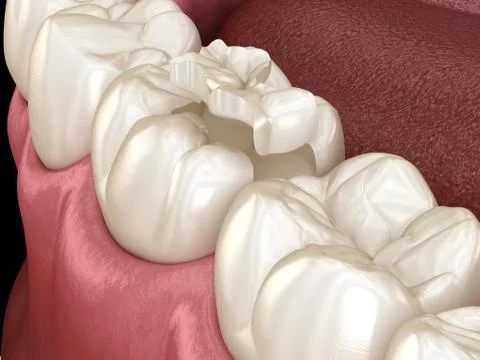 Inlay ceramic crown fixation over tooth. Medically accurate 3D illustration o イラスト素材