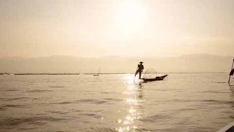Inle Lake Sunrise Fishermen Stock Footage