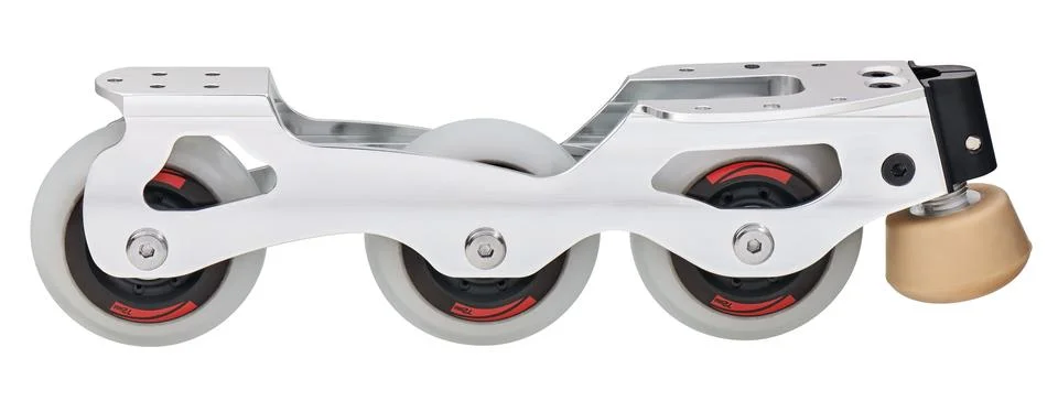 Inline figure skate frame a three-wheel rockered design, isolated on white 스톡 사진