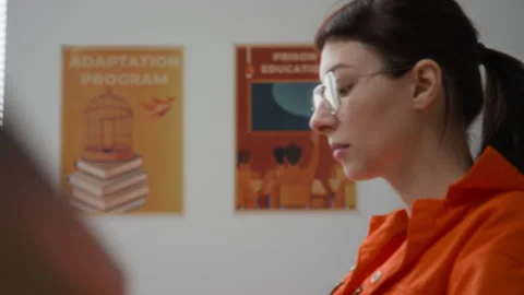 Inmate Sitting at Desk in Class at Prison Stock Footage 328986634