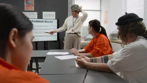 Inmate Taking Notes and Listening to Teacher during Class in Prison Stock Footage 328998829