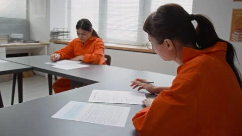 Inmate Writing on Doing Tasks during Class in Prison Stock Footage 328985950