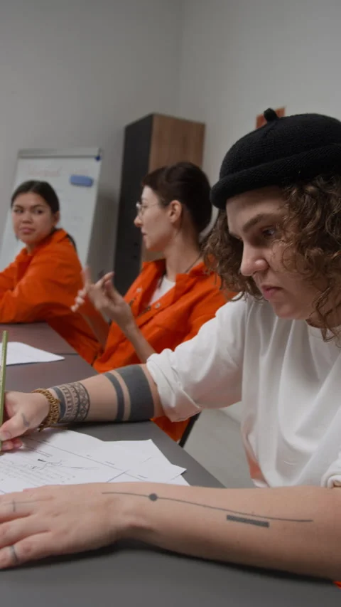 Inmates Sitting at Desk in Class at Prison and Working on Tasks Vertical Stock Footage 329001858