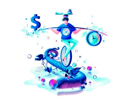 Inner balance in hand harmony between money dollar sign and time clock man Stock Illustration