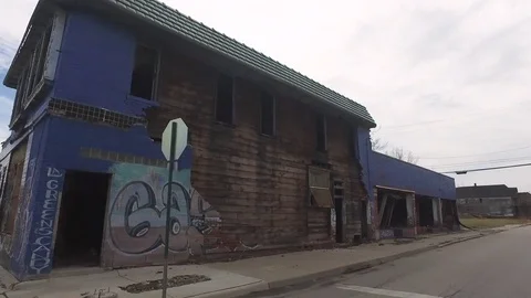 Inner City Abandoned Burned Storefront Ghetto Detroit Poverty Stock Footage