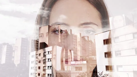 Inner city housing with passing clouds and face scan woman Stock Footage 317536448