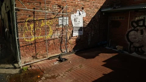 Inner city street corner torn poster and graffiti low life 6K Stock Footage 312133885
