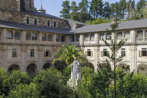 Inner courtyard of Benedictine Monastery in Samos, Camino de Santiago, Spain. Stock Photos