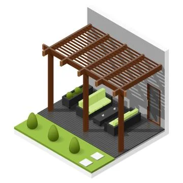 Inner courtyard isometric icon set Stock Illustration