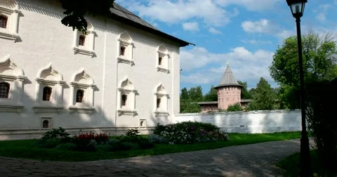 The inner courtyard of the monastery, the ancient white stone buildings Stock Footage 68582732