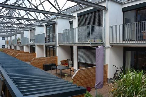 Inner courtyards of a townhouse in perspective. An example of modern construct Stock Photos