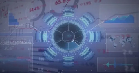 Inner disc pulsing starting HUD rotating, trend rising, wave sweeping, panels Stock Footage 320916334