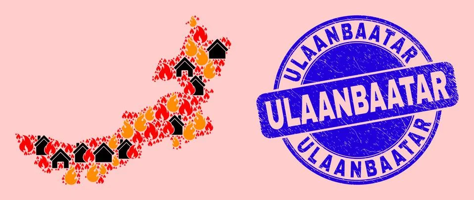 Inner Mongolia Map Collage of Flame and Houses and Grunge Ulaanbaatar Seal Stamp Ilustración de archivo