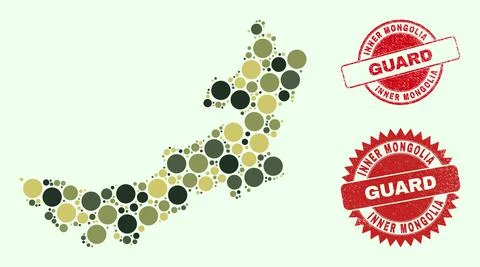 Inner Mongolia Map Collage with Khaki Military Round Elements with Grunge Guard Illustrazione stock