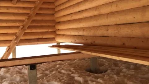 Inner part of the structure of the wooden house, details of the wooden structure Video stock 239200938