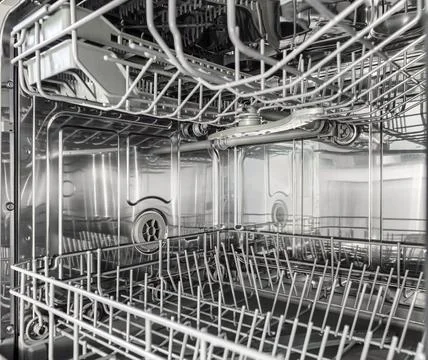 Inner space of dishwasher machine. Stock Photos