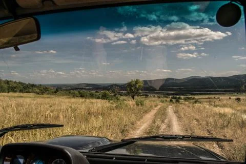 Inner view of 4x4 while on the way in a safari-like environment and a reflect 库存照片