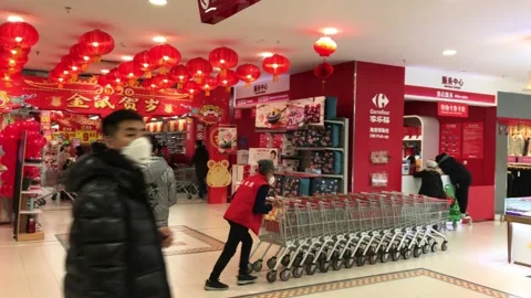 Inner view of carrefour mall in china ,after coronavirus unlock in china Stock Footage 133314512
