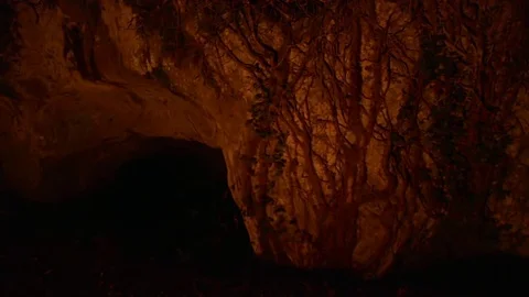 Inner view of Caves in the night with a fire. 動画素材 69775146