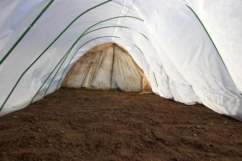 Inner view of a vegetable patch prepared for seedlings covered with spunbond Stock Photos