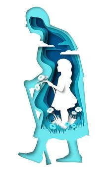Inner world vector old female with girl inside Stock Illustration