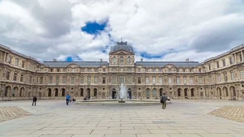 Inner yard of louvre with fountain timelapse hyperlapse. Paris, France Stock Footage