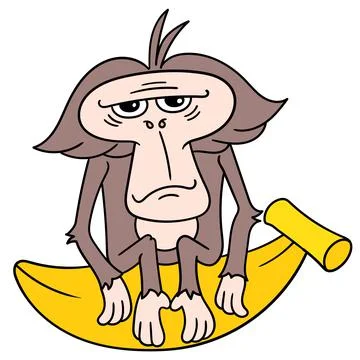 An innocent faced old monkey sitting gloomily on a large banana, doodle icon  Stock Illustration