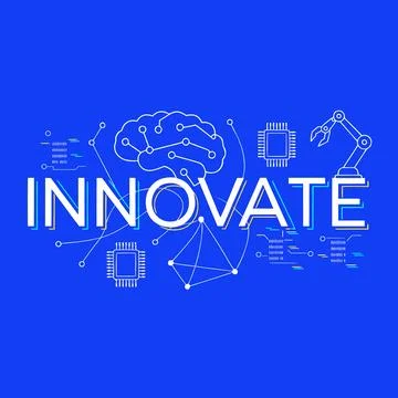 Innovate concept with brain and technology icons on blue background 스톡 일러스트