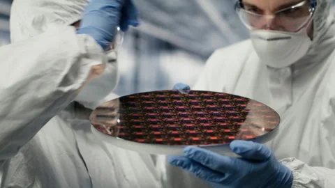 Innovating components, silicon wafers and team of technicians Stock Footage 333378366