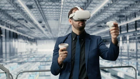 Innovating microchip production, VR goggles gear and man with coworker Video stock 333387696