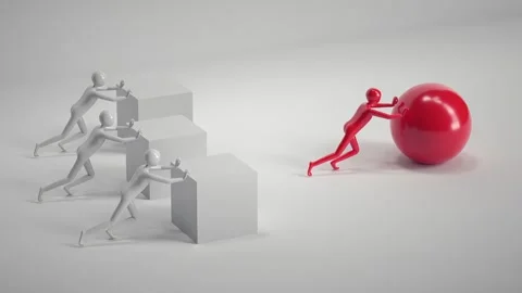 Innovation and Efficiency Red Figure Pushes Sphere, Gray Figures Push Cubes.. Stock Footage 314069169