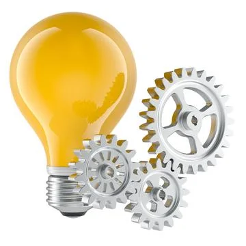 Innovation and engineering, concept. Yellow light bulb with metal gears. 3D.. Stock Illustration