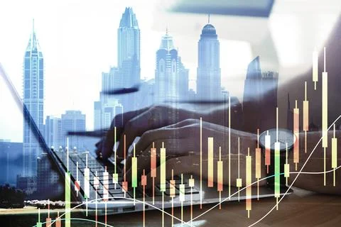 Innovation concept. Multiple exposure of man working on laptop, cityscape a.. Stock Photos