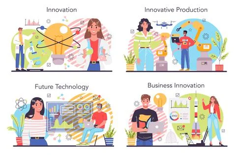 Innovation concept set. Idea of creative business solution. Modern production Stock Illustration