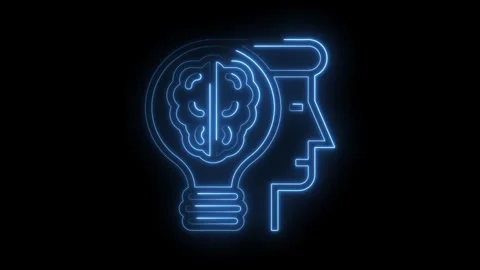 Innovation concept shining neon light with a human head and brain inside a bulb Stock Footage 322960701
